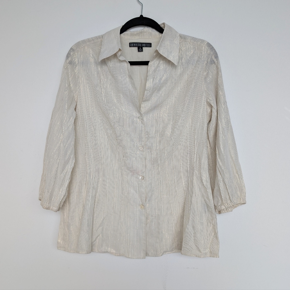 Lafayette 148 Lightweight Cotton Collared Shimmer White Button-Up Blouse Sz 10